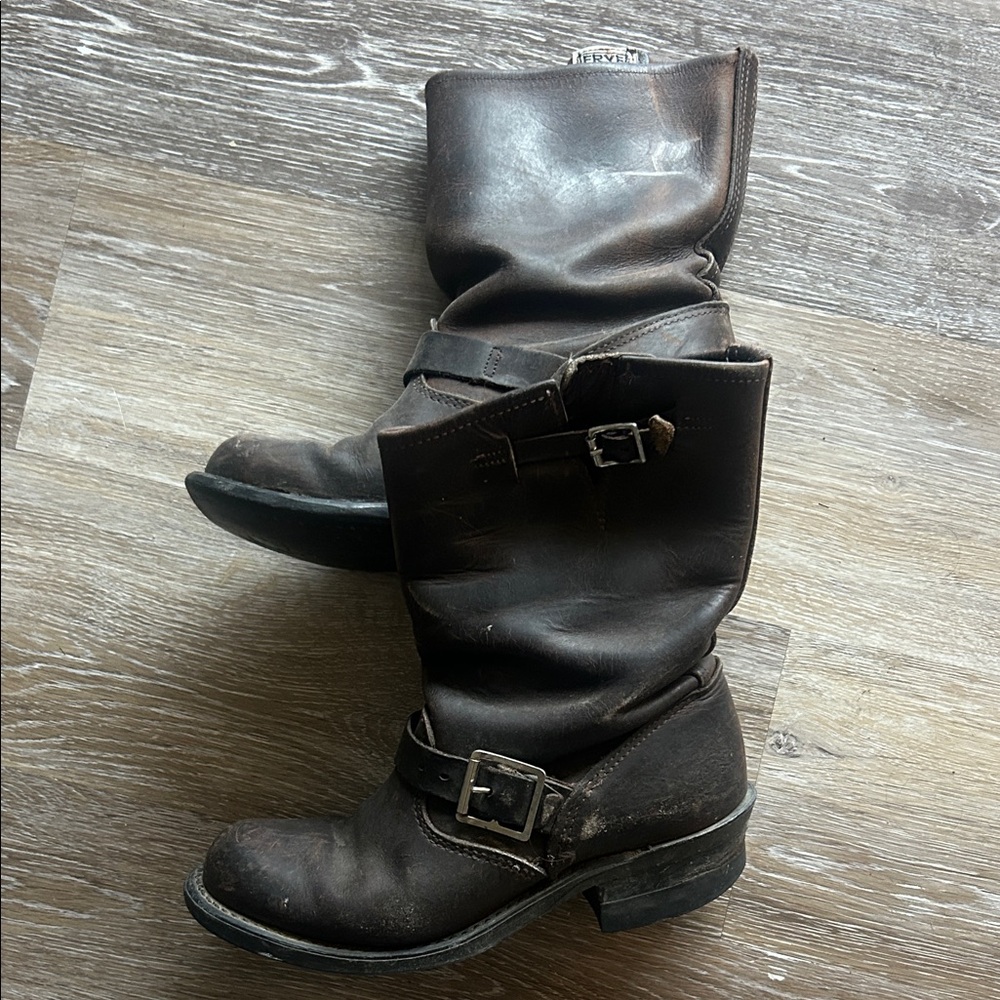 Frye Dark Brown Leather Buckle Boots